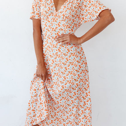 Ditsy Floral V-Neck Short Sleeve Midi Dress