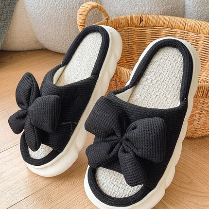 Bow Waffle-Knit Platform Slippers