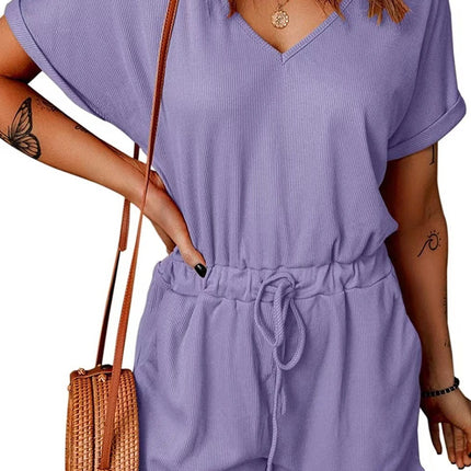 Full Size Drawstring V-Neck Short Sleeve Romper