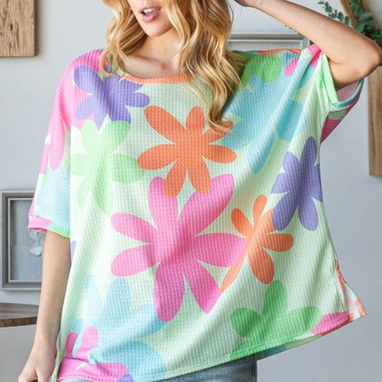 HOPELY Floral Round Neck Waffle T-Shirt