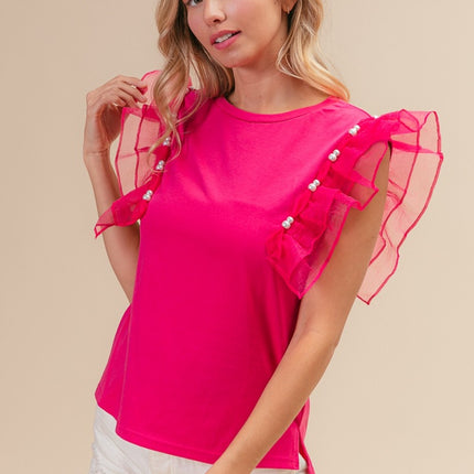 BiBi Pearl Decor Mesh Ruffle Sleeve Top