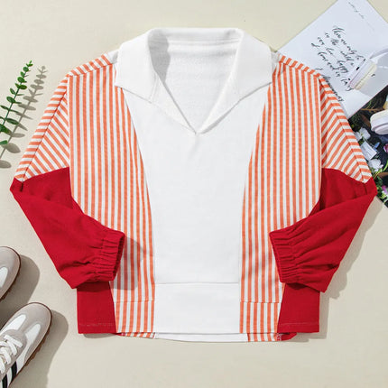 Striped Collared Neck Long Sleeve Sweatshirt