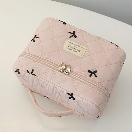 Bow Embroidered Quilted Storage Bag with Zip