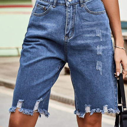 Raw Hem High Waist Denim Shorts with Pockets