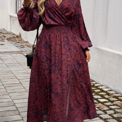 Split Printed Surplice Long Sleeve Midi Dress