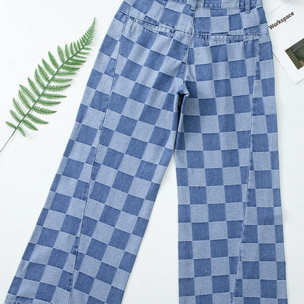 Checkered Wide Leg Jeans with Pockets - Vickie Lynn's