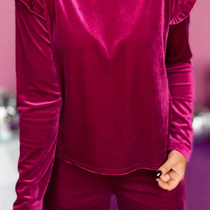 Velvet Round Neck Long Sleeve Top and Drawstring Pants Lounge Set