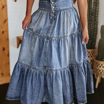 Tiered Button-Fly Denim Skirt