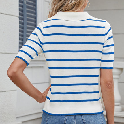 Striped Johnny Collar Short Sleeve Sweater