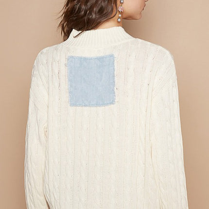 POL Cable-Knit Peace Patch Dropped Shoulder Sweater