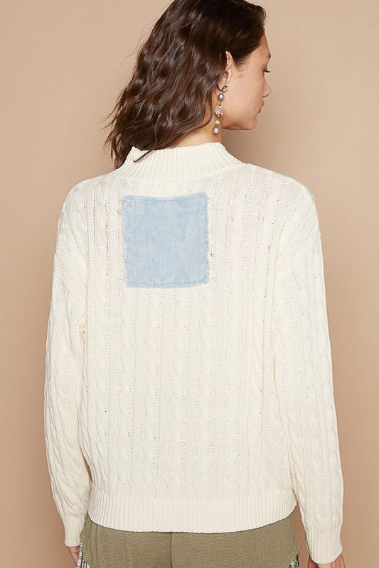 POL Cable-Knit Peace Patch Dropped Shoulder Sweater