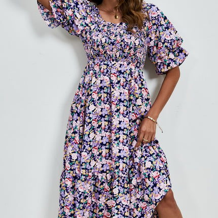 Smocked Floral Square Neck Short Sleeve Dress