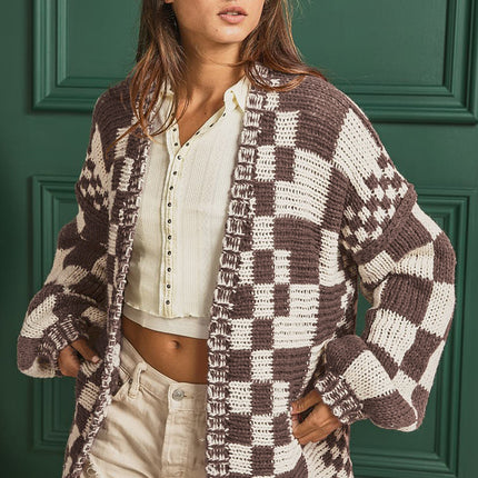 Checkered Open Front Long Sleeve Cardigan