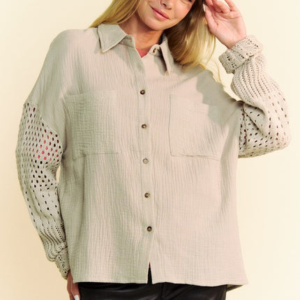 Davi & Dani Crochet Sleeve Crinkled Texture Shirt