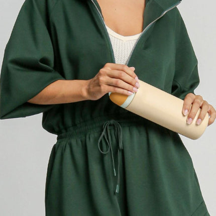 Drawstring Half Zip Long Sleeve Romper
