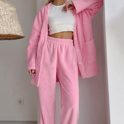 Basic Bae Buttery-Soft V-Neck Button Up Top and Pants Set