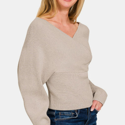 Zenana Cross Wrap Rib Long Sleeve Sweater