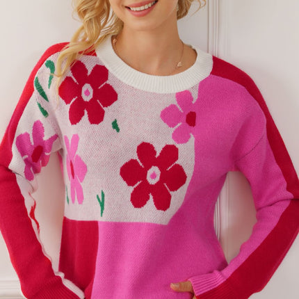 Flower Color Block Round Neck Sweater