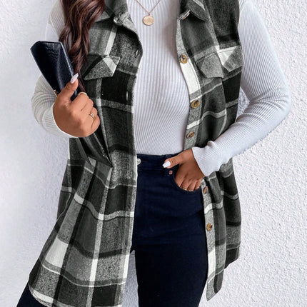 Honey Plus Size Pocketed Plaid Button Up Vest Coat - Vickie Lynn's
