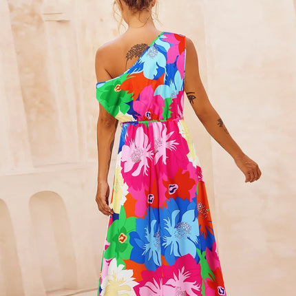 Printed One Shoulder Short Sleeve Dress