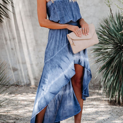 Smocked High-Low Tube Denim Dress