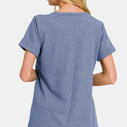 Zenana Notched Short Sleeve Waffle T-Shirt