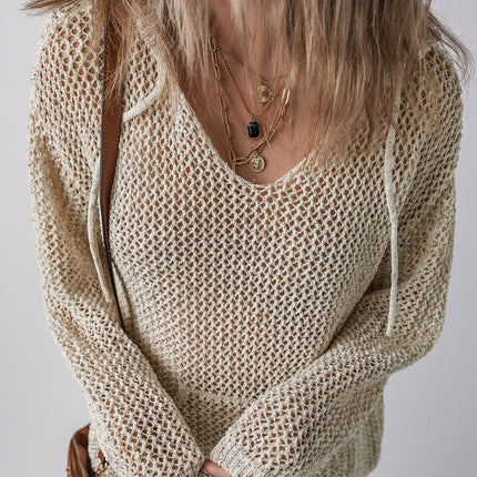 Openwork Dropped Shoulder Hooded Knit Top - Vickie Lynn's