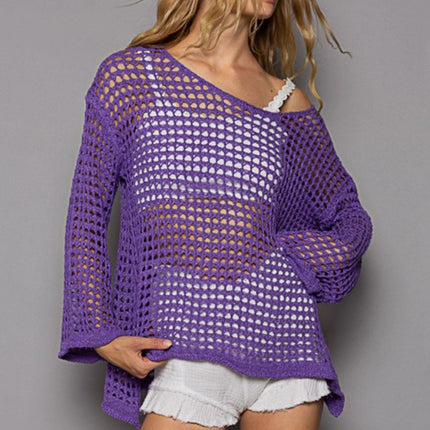 POL Openwork Flare Sleeve Knit Cover Up