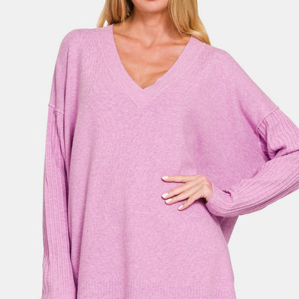 Zenana V-Neck Side Slit High-Low Sweater