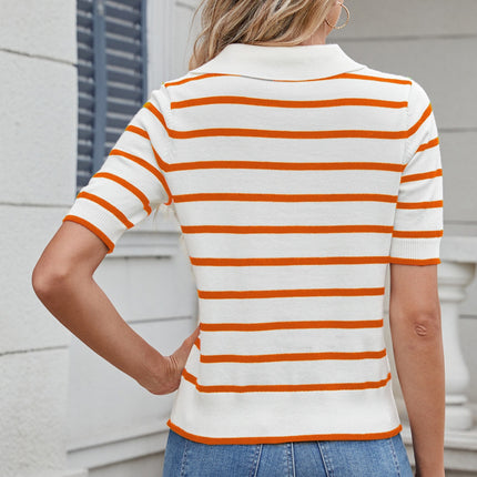 Striped Johnny Collar Short Sleeve Sweater