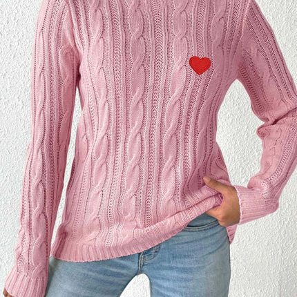 Cable-Knit Heart Round Neck Long Sleeve Sweater