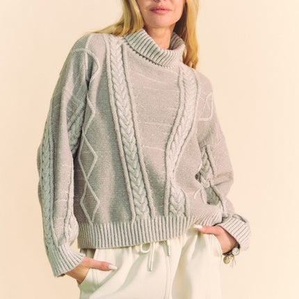 Davi & Dani Cable-Knit Turtleneck Dropped Shoulder Sweater