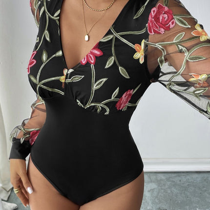 Perfee Embroidered V-Neck Long Sleeve Bodysuit