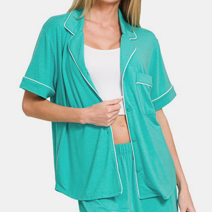 Zenana Button Down Short Sleeve Top and Shorts Lounge Set