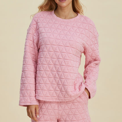 Double Take Full Size Texture Round Neck Long Sleeve Top and Shorts Set
