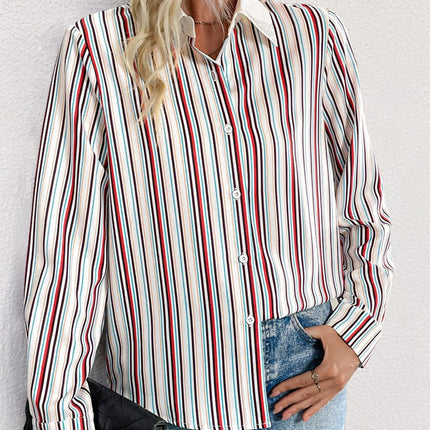 Perfee Contrast Striped Collared Neck Long Sleeve Shirt