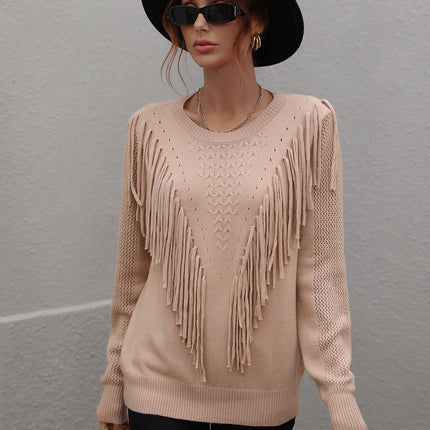 Double Take Fringe Detail Ribbed Trim Sweater