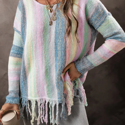 Fringe Color Block Round Neck Sweater