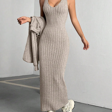 Ribbed Cropped Hooded Top and V-Neck Tank Dress Set