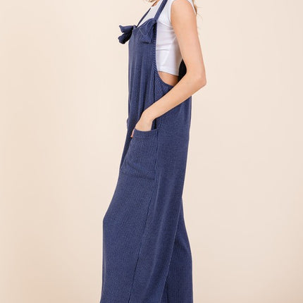 BOMBOM Knot Straps Wide Leg Ribbed Overalls with Pockets