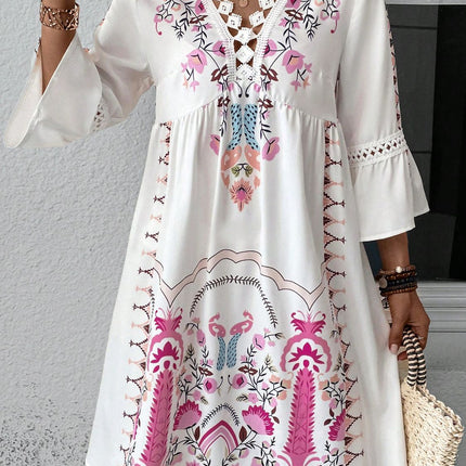 Lace Detail Printed Three-Quarter Sleeve Dress