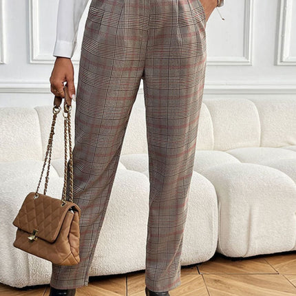 Perfee Plaid Straight Pants with Pockets