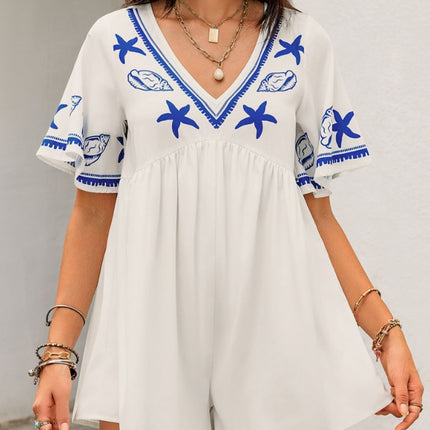 Printed V-Neck Half Sleeve Romper