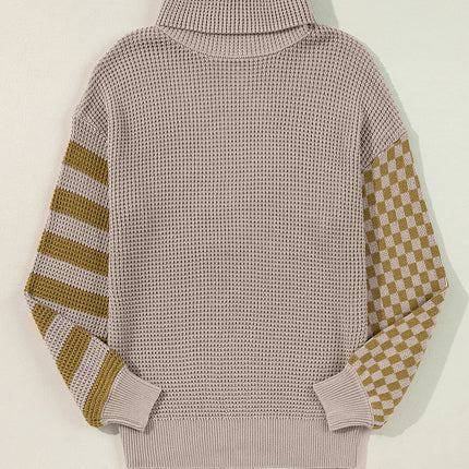 Striped & Checkered Turtleneck Dropped Shoulder Sweater