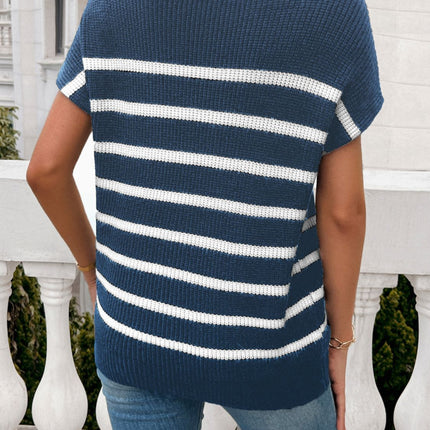 Striped Mock Neck Short Sleeve Sweater