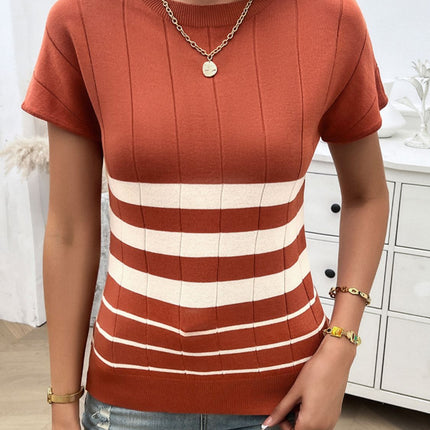 Striped Round Neck Short Sleeve Knit Top