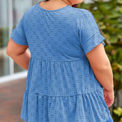 Plus Size Eyelet Round Neck Short Sleeve Blouse