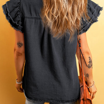 Raw Hem Button Up Cap Sleeve Denim Top