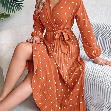 Tied Polka Dot Long Sleeve Midi Dress