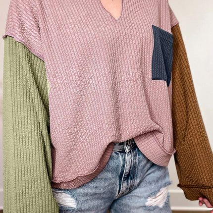 Color Block Textured Notched Long Sleeve Top